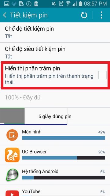 Trong mục Tiết kiệm pin, chọn phần Hiển thị phần trăm pin.